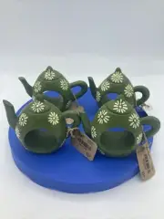 Pier 1 Imports 4 Piece Napkin Rings Green Cream Wood Teapot Shaped Cottage