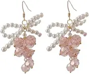 [RYEPOLNIX] Handmade Earrings Gentle Pink Crystal Ribbon Beaded Tassel Pearl Stud Earrings Summer Beach Sweet Cute Cool Girls Party Earrings/668