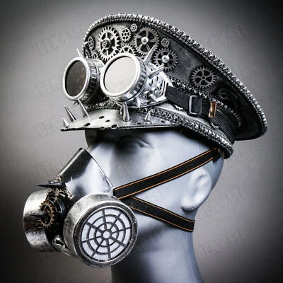 Silver Steampunk Military Fisherman Cap Burning Man Cosplay Costume Goggle Mask