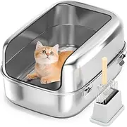 Bartuke Stainless Steel Cat Litter Box, Semi Enclosed Removable Metal Litter Tray for XL Cat with High Sided Enclosure, Scoop, Anti-Leakage, Non-Sticky, Easy Cleaning