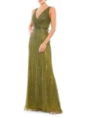 Mac Duggal 5219 Women's V-Neck Beaded Gown Evening Maxi Dress in Olive Size 14