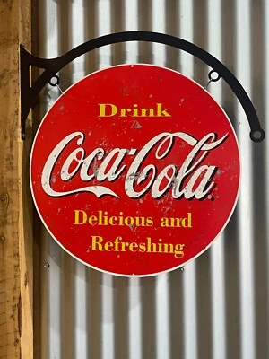 COCA COLA COKE TIN METAL SIGN WITH HANGER DBL SIDED BAR HOT ROD FANTA MILK BAR