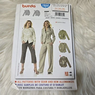 Burda Sewing Pattern # 7932 New And Uncut Jacket Sizes 10 - 22