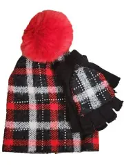 Womens Red Black White Plaid Beanie Hat w/Flip Fingerless Gloves/Mittens