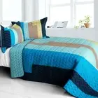 3 PC Classic Playbook A vermicelli Queen Quilt Shams geometric blue