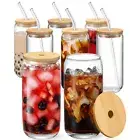 8Pcs Drinking Glasses with Bamboo Lids and Glass Straw 20Oz Glass Cup Can Shaped