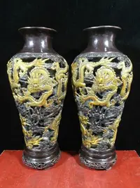 在飛比找Yahoo!奇摩拍賣優惠-舊藏銅鎏金大明宣德款《九龍圖鏤空花瓶》·工藝精湛·“龍”是中
