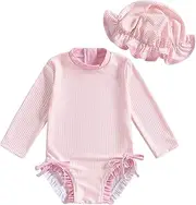 [Vioyavo] Newborn Toddler Girls Rash Guard Swimsuit Striped Print Long Sleeve Back Zipper Romper Cute Hat Swimwear Bathing Suit