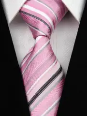Pink, Grey, Black & White Striped Silk Classic Woven Horse Show Tie *New*