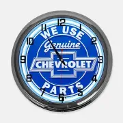 18" We Use Genuine Chevrolet Parts Metal Sign Designed White Neon Clock