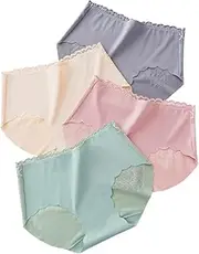 [HEJIGOOD] 4-Pack Sexy Lace Underwear for Women Ice Silk Seamless Hipster Panties with Silky Tactile Touch M L XL