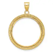 14K Yellow Gold Wideband Distinguished Coin Jewelry Polished Beaded And Diamond-Cut 22.0mm Prong Bezel Pendant