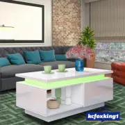 LED Light Coffee Table Storage Living Room Furniture 2 Drawers 1 Shelf White
