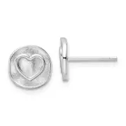 Sterling Silver Rhodium-Plated Heart In Satin Circle Post Earrings