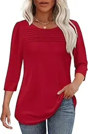 [BnMvF] 2025 Women's 3/4 Length Sleeve Top Pleated Front T-Shirt, Curved Hem Casual Shirt for Work & Weekend,Dressy Casual for Women's
