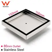 150mm Stainless Steel Tile Insert Floor Drain Square Shower Grate 80mm Outlet