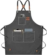 ETHEL Chef Apron for Men Women, Canvas Cross Back Kitchen Aprons, Waterproof Apron with Pockets for Kitchen Cooking, Baking, Working, Woodworking, Chef, Grill and Barber