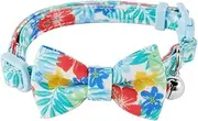 Floral Cat Collar with Bow Tie and Bell, Tropical Print, Blue and Coral