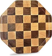 TJ POP End Grain Wood Chopping Board with Juice Groove, Acacia&Rubber Wood Cutting Board, Octagon Checkered Serving Board for Kitchen, Charcuterie Board for Cheese, Bread & Fruits, 30 x 30 x 2 CM