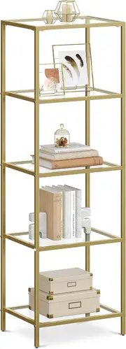 5-Tier Bookcase with Tempered Glass and Metallic Gold Frame