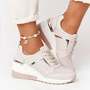 Women's Beige Wedge Sneakers with Metallic Accents – Comfortable and Stylish Platform Shoes for Casual and Everyday Wear