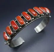 Hand-Stamped Sterling Silver RED MEDITERRANEAN CORAL Single Row Cuff BRACELET