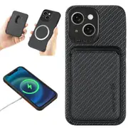 For Apple iPhone 15+ /15 Plus MagSafe Card Holder Carbon Fiber, Detachable Magnetic Wallet Slot Case Cover (Black)