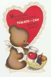 Vintage Valentine Card Bear Canned Tomatoes Fruit Basket Unused 1960's