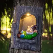Solar Gnome Statue 9.8IN Elf Outdoor Resin Yard Sculpture Decor Tree Hugger