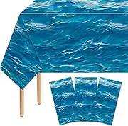 Lianxuia 3Pcs Ocean Waves Plastic Tablecloth, 54 x 108 Inch Blue Water Print Table Cover, Under The Sea Table Cloths for Summer Beach Pool Birthday Party Decorations