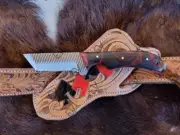 Handmade Beautiful Tanto knife and Tooled Leather Handmade pancake knife Sheaths