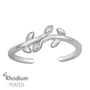 TJS 925 Sterling Silver Toe Ring Olive Branch Leaves CZ Adjustable Rhodium Plate