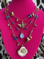 Betsey Johnson Queen Bee Pearlescent Flower Blue Crystal Heart Layered Necklace