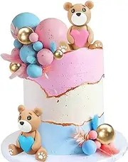 Bear Cake Toppers Figurine Decorations Pearl Balls for Baby Shower Gender Reveal Party Birthday Teddy Theme Party Supplies (Blue Pink Heart)