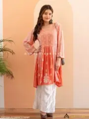 Peach Crepe A-Line Chikankari Peplum Top Lucknow Chikankari Handmade Tunic Top