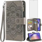 [Asuwish] Phone Case for Samsung Galaxy A54 5G Wallet Cover with Tempered Glass Screen Protector and Flower Leather Flip Credit Card Holder Cell Accessories A545G A 54 54A 4G G5 SM A546U Women Men Grey