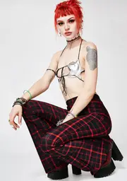 [Sugarpuss] Cherry Hit Tha Books Plaid Flare Pants