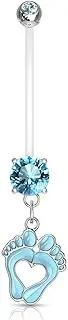 [Pierced Owl] Double Jeweled Heart Baby Feet Dangle Pregnancy Maternity Belly Button Ring Retainer