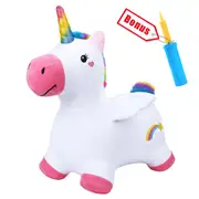Bouncy Pals Inflatable Ride-On Plush Unicorn w/ Pump Toddler Riding Toy 18m+
