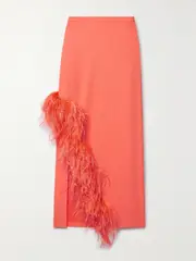 [LAPOINTE] LAPOINTE - Asymmetric Feather-trimmed Crepe Midi Skirt - Coral - US2 US 2 Orange