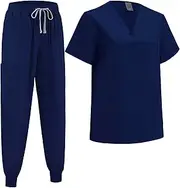 [ThreeH] Womens Medical Scrub Set Classic V-Neck Top & Yoga Jogger Pants Nursing Uniform for Healthcare Beauty Salon Pet Shop