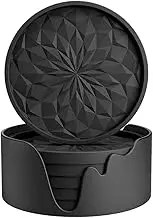 Frafuo Silicone Drink Coasters With Holder Set of 6 - Car and Desk Coasters - Black Table Coasters for Drinks, Coffee Bar - Suits Various Cups and Tables (Black)