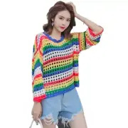 Rainbow Striped Sweater Cropped Tops Long Sleeve Pullover Women Sweaters