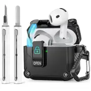 Hard Shell Protective Armor with Lock Case Cover for AirPods 4th Gen with 2 Cleaning Pen-Black