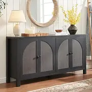 Okvnbjk Sideboard Buffet Cabinet with Storage, 60inch Kitchen Buffet Table with Soft Closing Door Hinges, Rattan Coffee Bar Cabinet for Living Room, Dining Room, Black