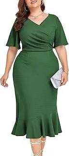 [LALAGEN] Plus Size Dress for Women Modest Short Sleeve Ruched Bodycon Mermaid Cocktail Midi Dresses 1X-6X