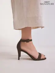 Chocolate Brown Signature Premium Leather Round Toe Buckle Detail Mid Simple Sandals (AR7032) | $113