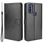 Stand Book Design Crazy Horse Texture PU Flip Folio Wallet Phone Case with Strap for Motorola G Pure
