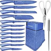 Knife Block Set, 15 Pcs Stainless Steel Professional Japanese Chef Knife Set, Carving Slicing Paring Bread Knife, Steak Knives,Resin Handle, Blue Color