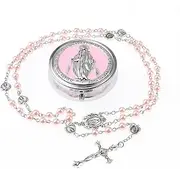 [OEMOO] 6mm Glass Pearl Rosary Beads Catholic for Women, Virgin Mary Our Lady of Guadalupe Medal, Hematite Stone Saint Benedict Rosary, Bead Necklace First Communion Gifts with Metal Gift Box